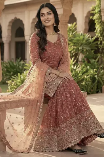 rust silk embroidered sharara suit with dupatta