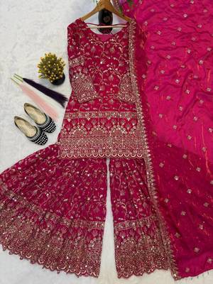 rani pink silk embroidered sharara suit with dupatta 1