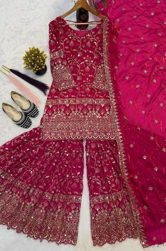 Rani pink embroidery  fandy silk full stitched sharara palazzo