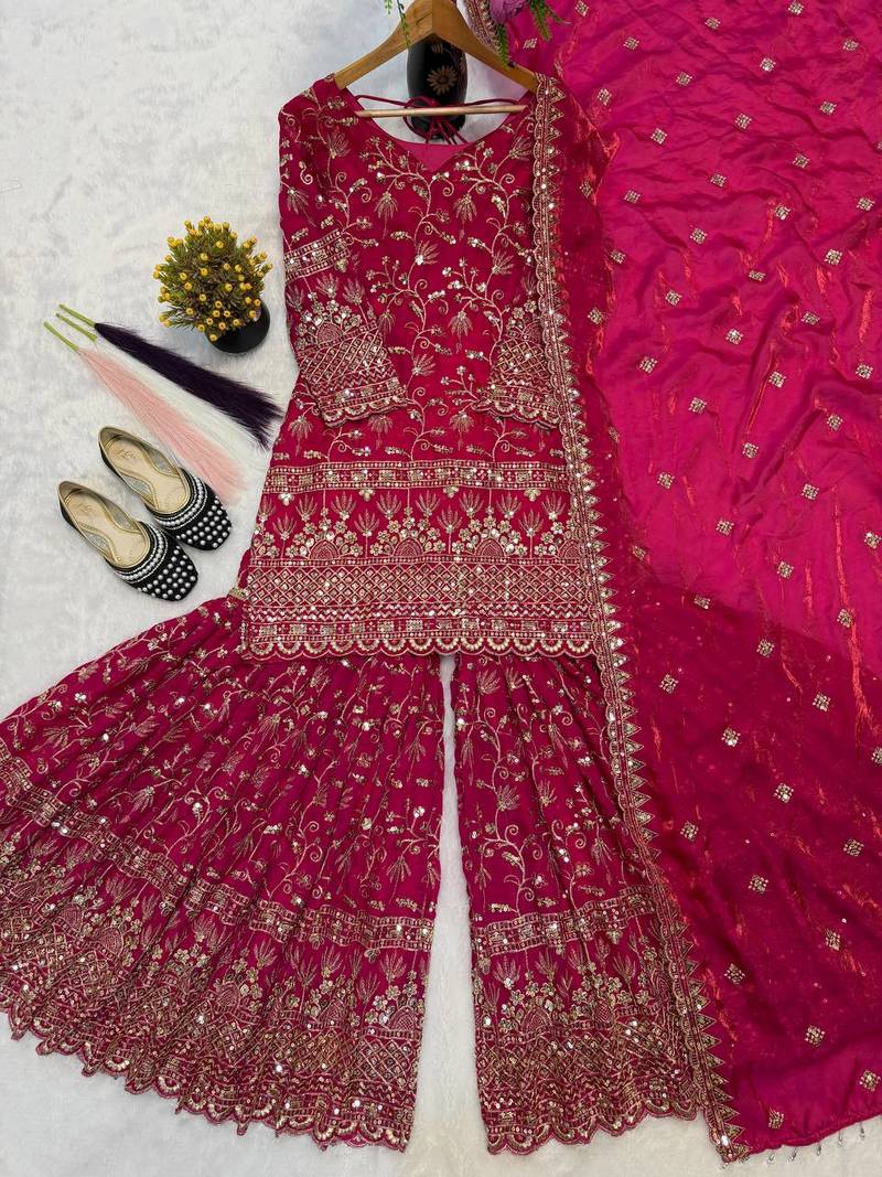 Rani pink embroidery  fandy silk full stitched sharara palazzo
