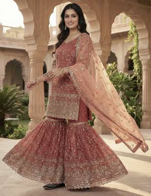 rust silk embroidered sharara suit with dupatta 3