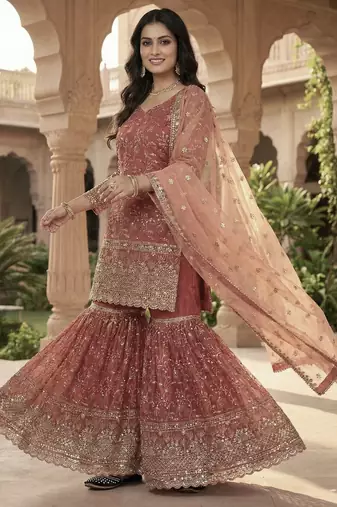 rust silk embroidered sharara suit with dupatta