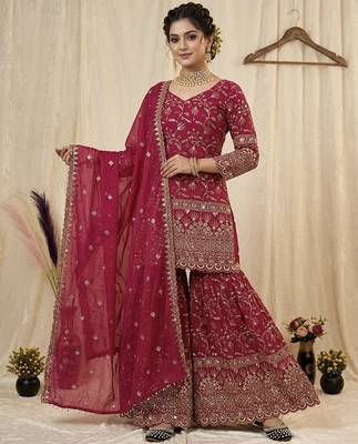 rani pink silk embroidered sharara suit with dupatta 2