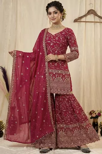 rani pink silk embroidered sharara suit with dupatta