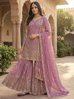 mauve silk embroidered sharara suit with dupatta 1