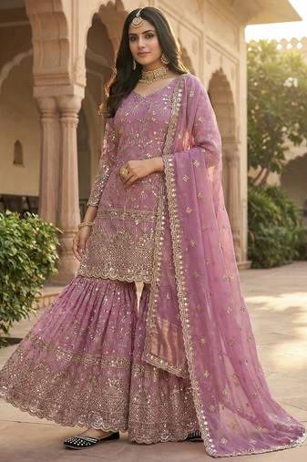 Sky blue embroidery  fandy silk full stitched sharara palazzo