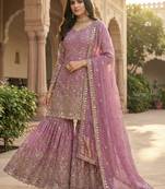 mauve silk embroidered sharara suit with dupatta