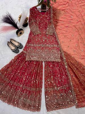 rust silk embroidered sharara suit with dupatta 4