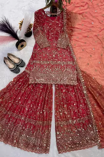 rust silk embroidered sharara suit with dupatta