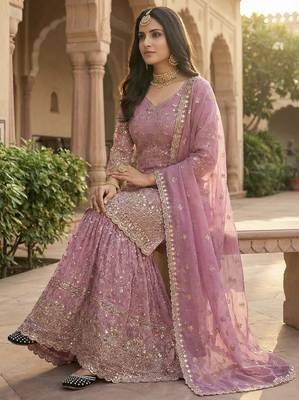 mauve silk embroidered sharara suit with dupatta 2