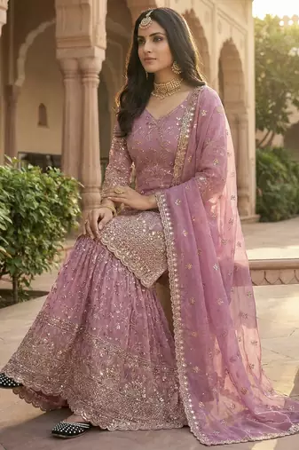 mauve silk embroidered sharara suit with dupatta