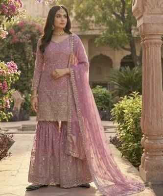 mauve silk embroidered sharara suit with dupatta 3