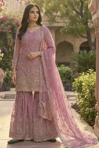 mauve silk embroidered sharara suit with dupatta