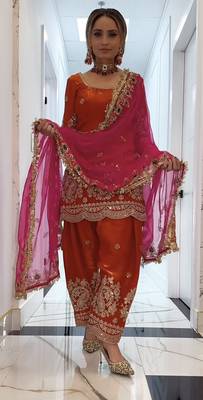 orange silk blend embroidered farshi salwar suit set 1
