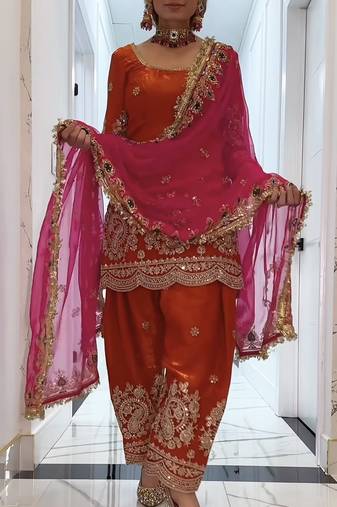 Orange embroidery  fandy silk full stitched farshi salwar