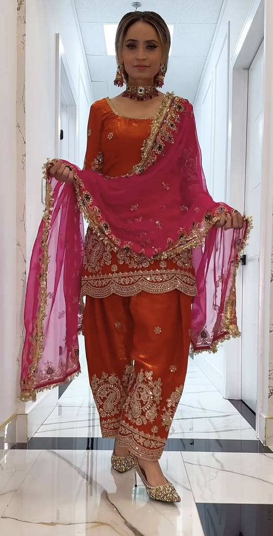 Orange embroidery  fandy silk full stitched farshi salwar