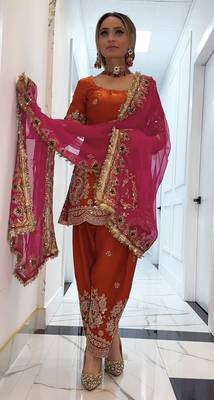 orange silk blend embroidered farshi salwar suit set 2