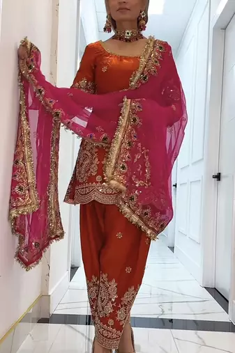 orange silk embroidered farshi salwar suit set