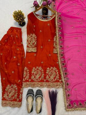 orange silk blend embroidered farshi salwar suit set 3