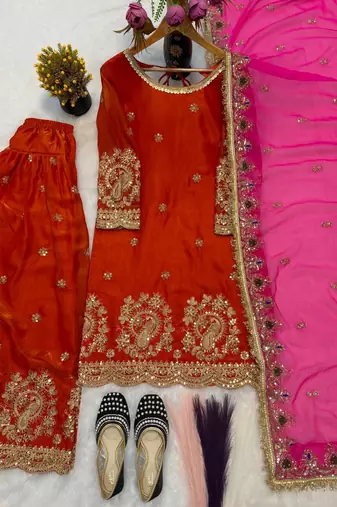 orange silk embroidered farshi salwar suit set