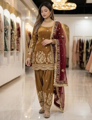 gold silk blend embroidered farshi salwar suit set 1