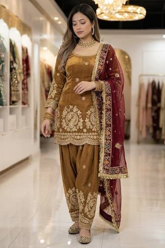 gold silk embroidered farshi salwar suit set