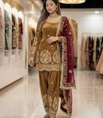 gold silk embroidered farshi salwar suit set