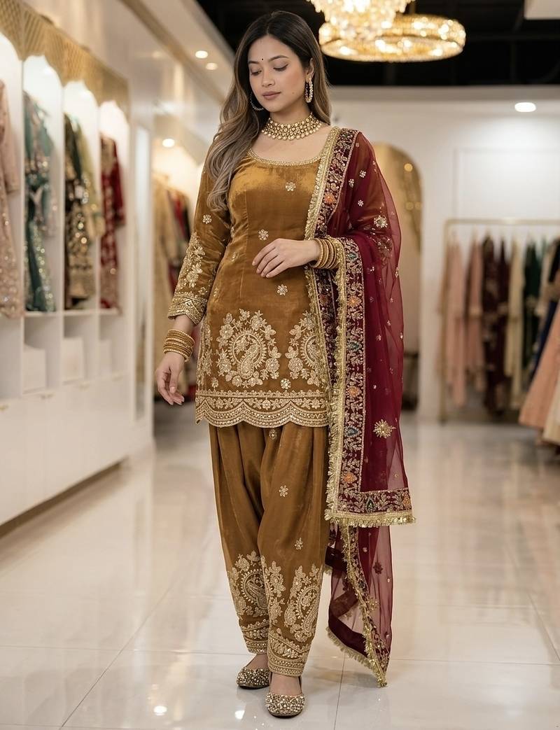 Gold embroidery fandy silk full stitched farshi salwar