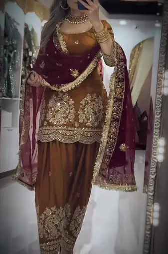 gold silk blend embroidered farshi salwar suit set