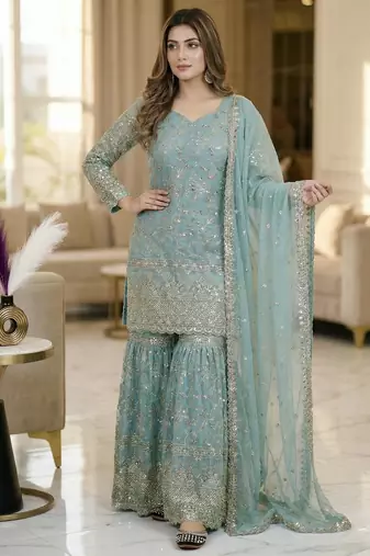 Sky blue embroidery  fandy silk full stitched sharara palazzo