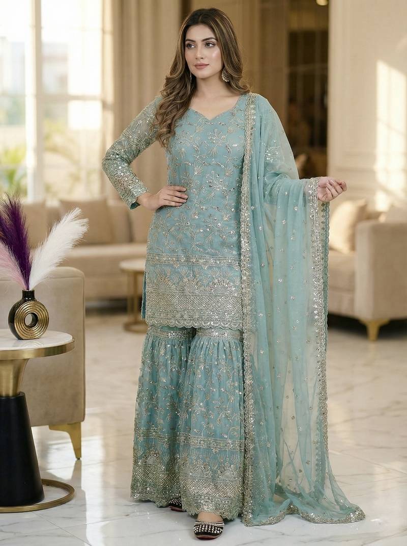Sky blue embroidery  fandy silk full stitched sharara palazzo