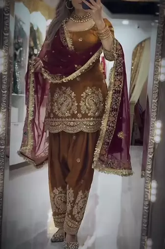 gold silk blend embroidered farshi salwar suit set
