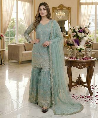 sky blue silk embroidered sharara suit with dupatta 2