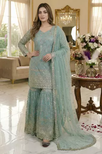 sky blue silk embroidered sharara suit with dupatta