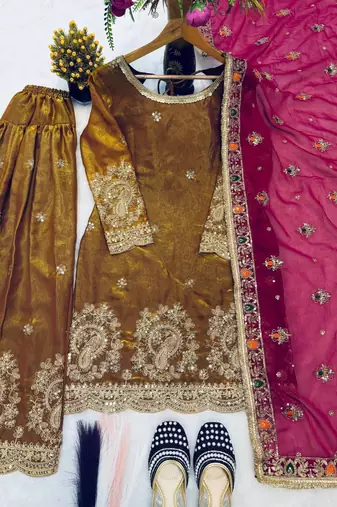 gold silk blend embroidered farshi salwar suit set