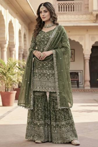 Green embroidery  fandy silk full stitched sharara palazzo