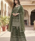 olive silk embroidered sharara suit with dupatta