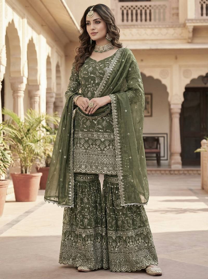 Green embroidery  fandy silk full stitched sharara palazzo