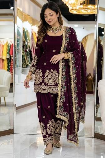 Maroon embroidery  fandy silk full stitched farshi salwar