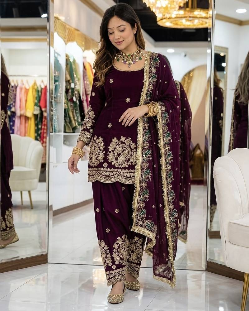 Maroon embroidery  fandy silk full stitched farshi salwar