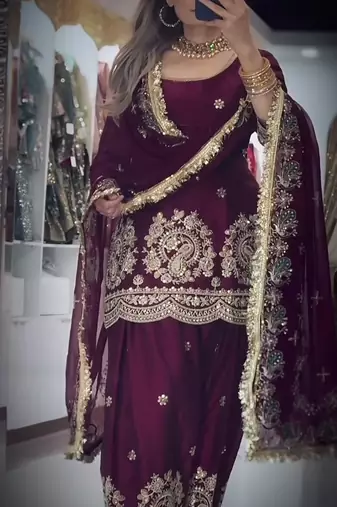 Maroon embroidery Blend Tissue farshi salwar