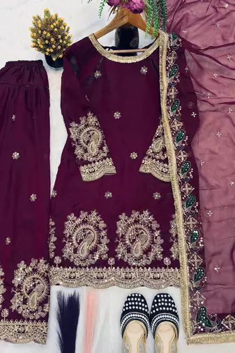 Maroon embroidery Blend Tissue farshi salwar