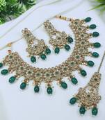 beautiful green antique gold plated ad/zircon work polki necklace jewelry set with maangtika