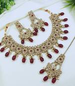 beautiful maroon antique gold plated ad/zircon work polki necklace jewelry set with maangtika