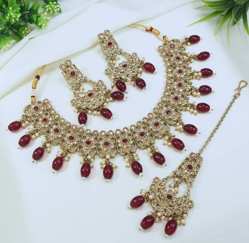 beautiful maroon antique gold plated ad/zircon work polki necklace jewelry set with maangtika