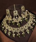 beautiful green antique gold plated ad/zircon work polki necklace jewelry set with maangtika