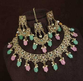 beautiful multicolor antique gold plated ad/zircon work polki necklace jewelry set with maangtika 1