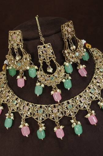 beautiful multicolor antique gold plated ad/zircon work polki necklace jewelry set with maangtika