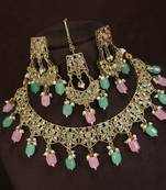 beautiful multicolor antique gold plated ad/zircon work polki necklace jewelry set with maangtika
