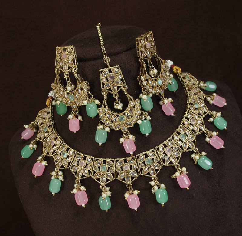 beautiful multicolor antique gold plated ad/zircon work polki necklace jewelry set with maangtika